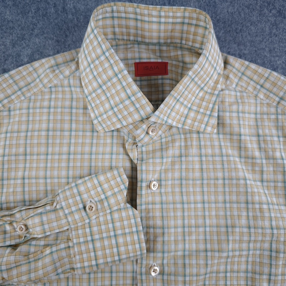 Isaia Napoli Dress Shirt Mens 15.5 39 Yellow Green Check Point Collar Italy